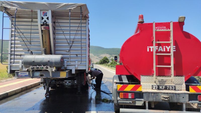 Son Dakika...Gaziantep'te seyir halindeki tırın lastikleri alev aldı, faciayı sürücü önledi 5