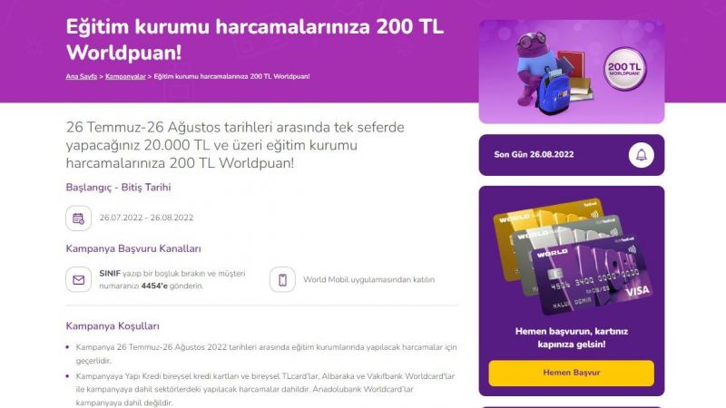 Ebeveynlerin Dikkatine: Eğitim Harcamalarınıza, Yapı Kredi Bankası'ndan 200 TL'lik Worldpuan Hediye! Son Başvuru 26 Ağustos! 3