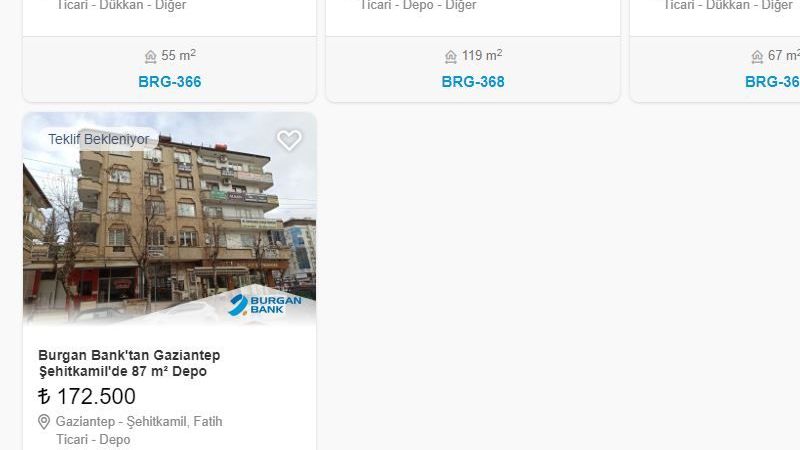 Gaziantep'te Kendisine Ait Garajı ve Deposu Olsun İsteyen İş Sahiplerine, Burgan Bank'tan 3 Yeni İlan! En Pahalısı 172 Bin TL! 3