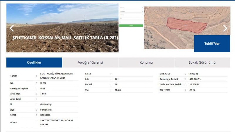 Denizbank, Gaziantep'te Yatırımlık Tarla Arayanlara Duyurdu: 15250 Metrekare Tarla, 480 Bin TL'den Satışta! 3