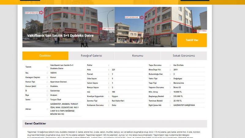 Vakıfbank Gaziantep Satılık Gayrimenkul İlanları! Dubleks Daire 515 Bin TL'den, İki Adet Satılık Arsa İse... 2