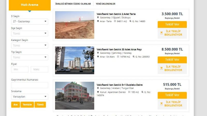 Vakıfbank Gaziantep Satılık Gayrimenkul İlanları! Dubleks Daire 515 Bin TL'den, İki Adet Satılık Arsa İse... 3