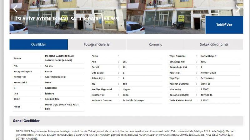 Gaziantep Emlak Piyasası Bu Fiyatlar İle Şaşkına Dönecek! O Banka 108 Metrekarelik Daireyi 187 Bin TL'den Satışa Sundu! Gaziantep İcralık Konutlar 3