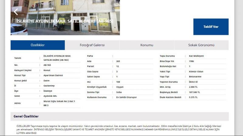 Yapı Kredi Bankası Sınırları Zorladı! Gayrimenkul Fiyatları Yarı Fiyatından Altına Düştü! İslahiye'de 108 Metrekarelik Apartman Dairesi 187 Bin TL'den Satışta! 2