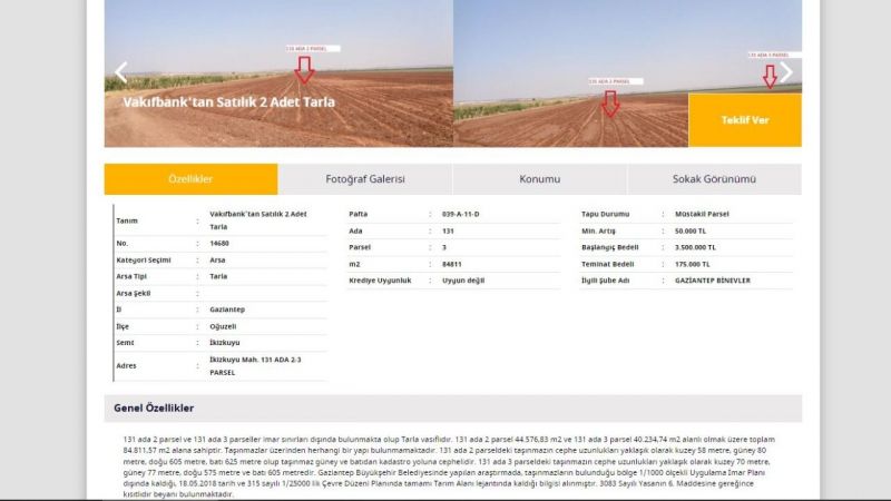 Gaziantep Yatırımlık Tarla ve Arsa İlanları! Kamu Bankası 2 Adet Tarla İçin 3 Milyon 500 Bin TL İstediğini Duyurdu! Bu Fiyat Kaçmaz, Acele Edin! 3