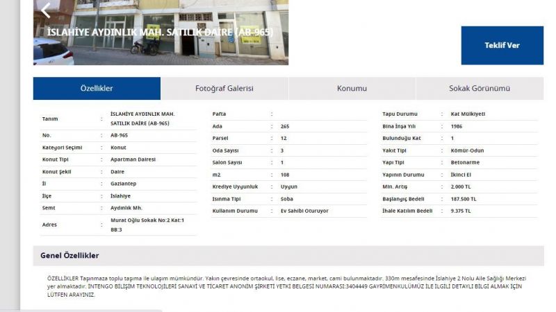 Yapı Kredi Bankası'ndan Gaziantep'te Uygun Fiyatlı İcralık Gayrimenkul Satışı! 108 Metrekarelik Daire 187 Bin TL'den Satışta! 3