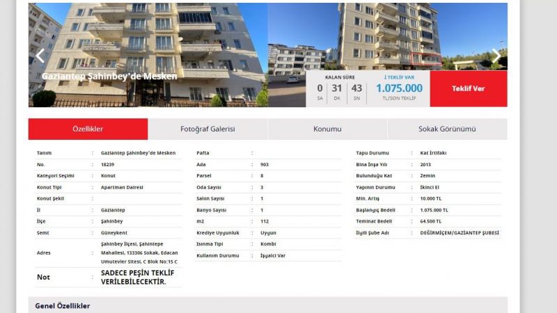 Ziraat Bankası Gaziantep'in Şahinbey İlçesinde Konut Satışını Başlattı! 112 Metrekarelik Apartman Dairesi İçin 64 Bin TL Ödemek Yeterli! 3