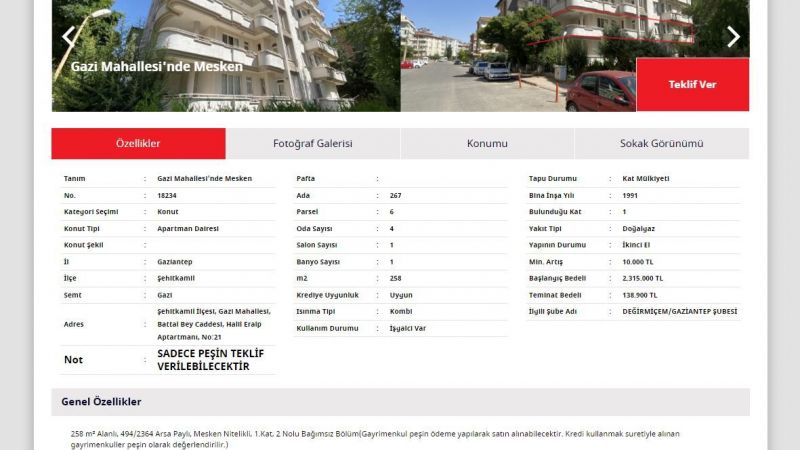 Kamu Bankası Gaziantep Şehitkamil'de Bulunan Lüks Daireyi Satışa Çıkardı! 138 Bin 900 TL'yi Yatıran Fiyat Teklifi Sunabilecek! 3