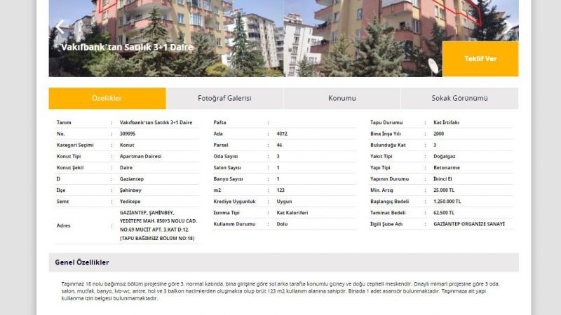 Gaziantep Şahinbey'de Satılık 3+1 Apartman Dairesi: O Kamu Bankası, Kat Kaloriferli Daireyi 1 Milyon 250 Bin TL'den Satışa Sundu! 3
