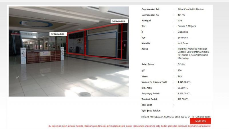 Akbank Resmen Çıldırdı; 112 Bin 500 TL ve 135 Bin TL Teminatla Gaziantep’in En Güzel Yerlerinden İşyeri Satışlarını Başlattı! 2