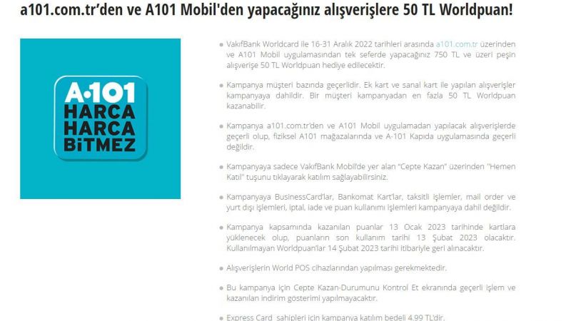 Vakıfbank İle A101 Anlaştı; Vatandaş Kazandı! A101 Alışverişlerinde Vakıfbank Müşterilerine Anında 50 TL! Üstelik Yıl Sonuna Kadar Devam Edecek… 2