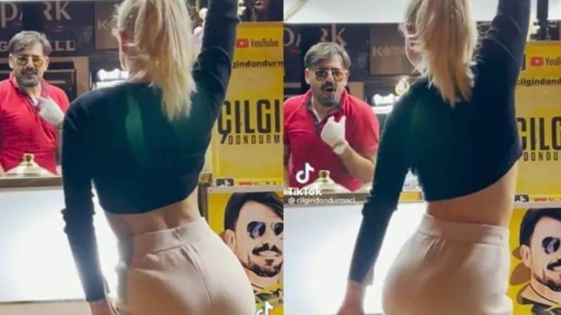 Sosyal medya kullanıcıları şaştı kaldı; Gözler bir anda eşine döndü! Çılgın Dondurmacı, mini etekli sarışın müşterisini kaptığı gibi… 2