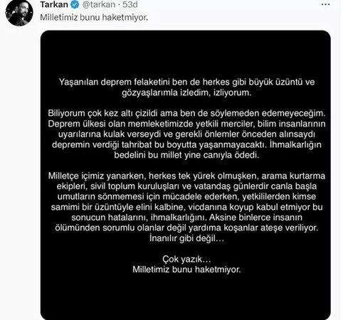 Megastar Tarkan’dan deprem sitemi: “Milletimiz bunu hak etmiyor…” Sosyal medyada günlerdir bu açıklama konuşuluyor! Neler oluyor? 2