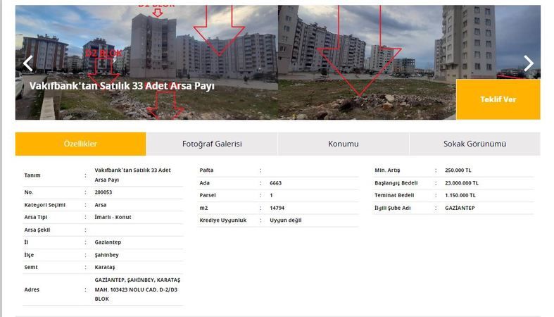 Vakıfbank'tan Arsa Satışı! Şahinbey İlçesinin Merkezinde Bulunan 14794 Metrekarelik Alan Fiyat Tekliflerine Açıldı! 3