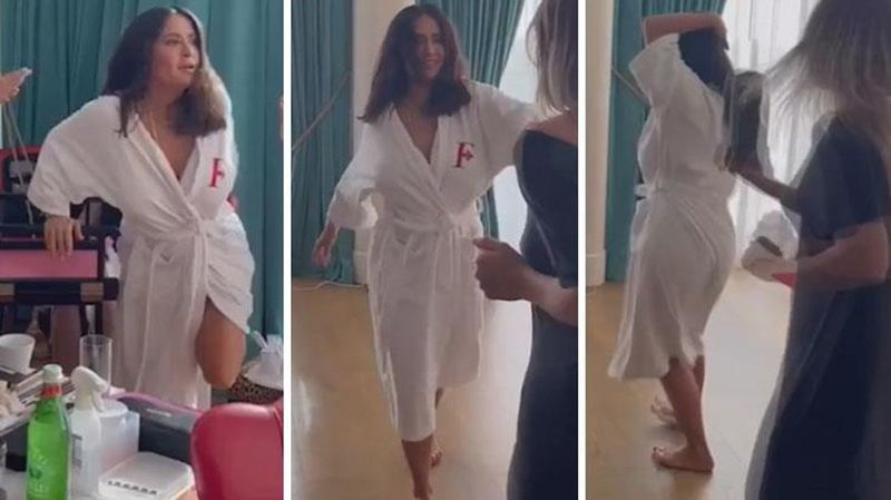 Takipçilerine verdiği sözü tuttu: Salma Hayek bornozu içinde kıvırdı! Frikiklerle dolu ateşli dakikalar… 4