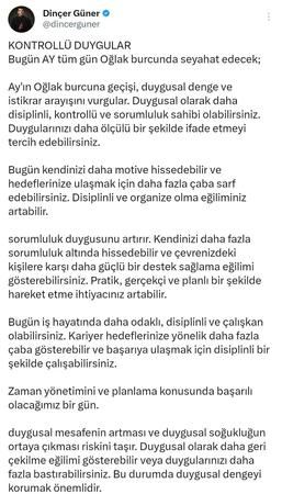 Astrolog Dinçer Güner ‘Kontrollü duygular diyerek’ duyurdu: “Serinkanlı, planlı ve gerçekçi...” 2