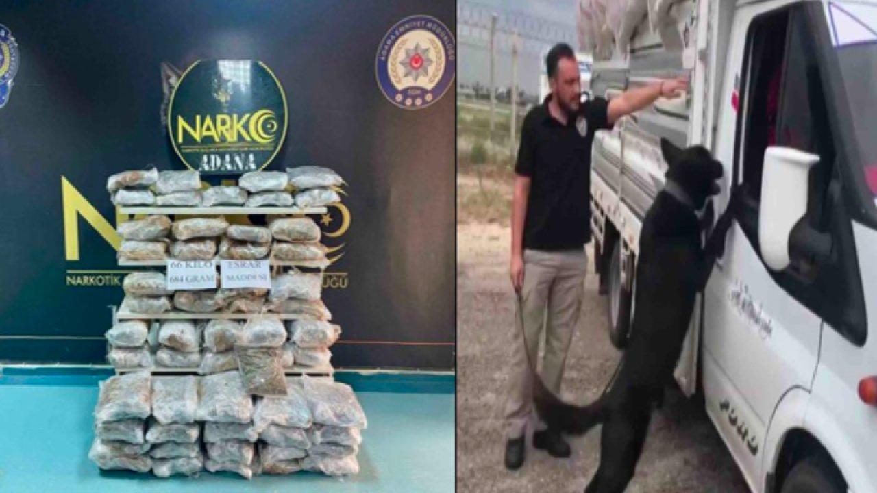 Tarsus-Adana-Gaziantep otoyolunda saman yüklü çuvalların içerisine gizlenmiş 66 kilogram esrar ele geçirdi