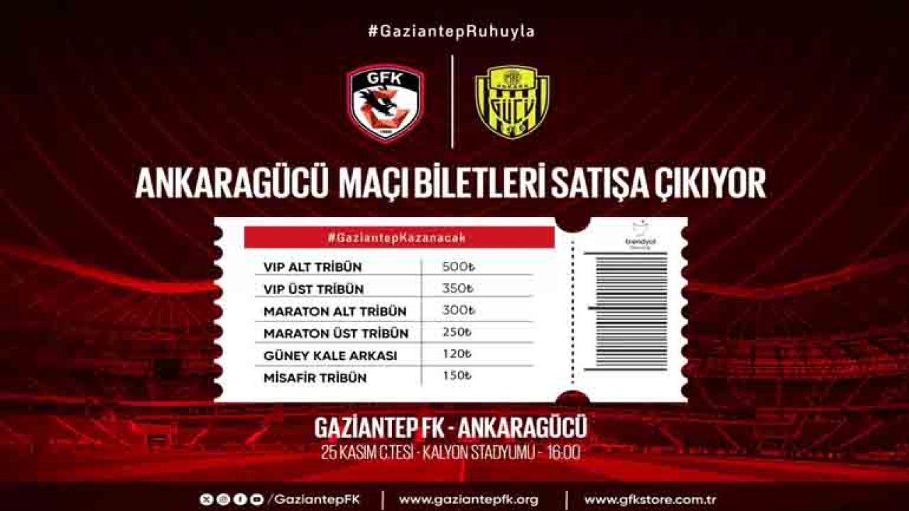 Gaziantep FK, MKE Ankaragücü maçının biletleri satışa çıktı