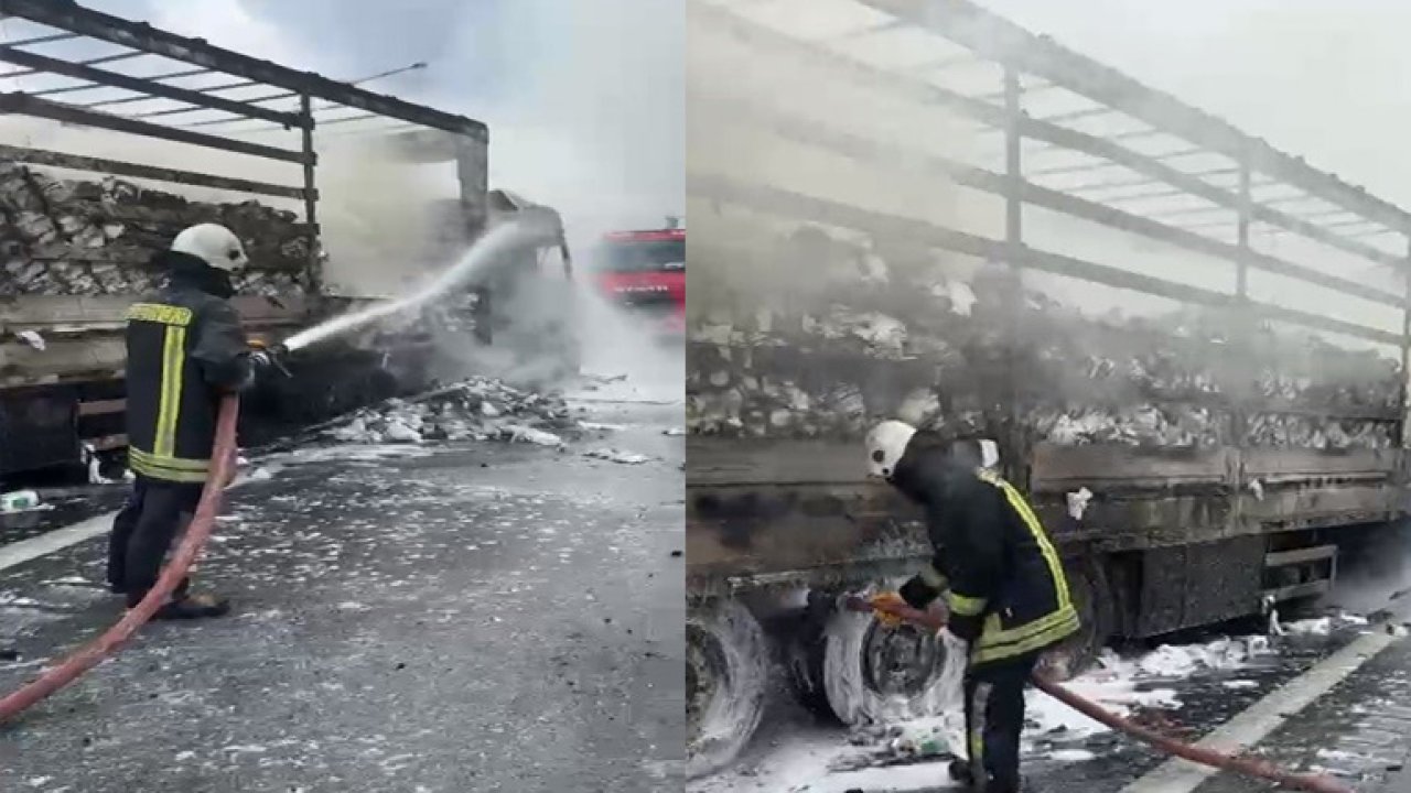 Gaziantep otoyolu'nda seyir halindeki peçete yüklü tır yanarak küle döndü
