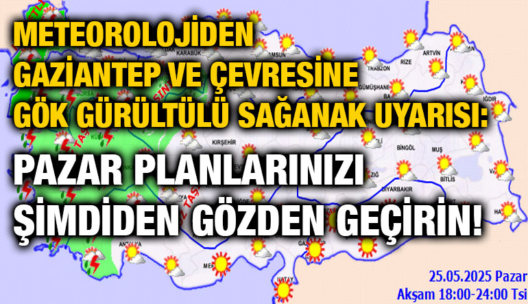 Meteorolojiden Gaziantep ve Çevresine Gök Gürültülü Sağanak Uyarısı: Pazar Planlarınızı Şimdiden Gözden Geçirin!