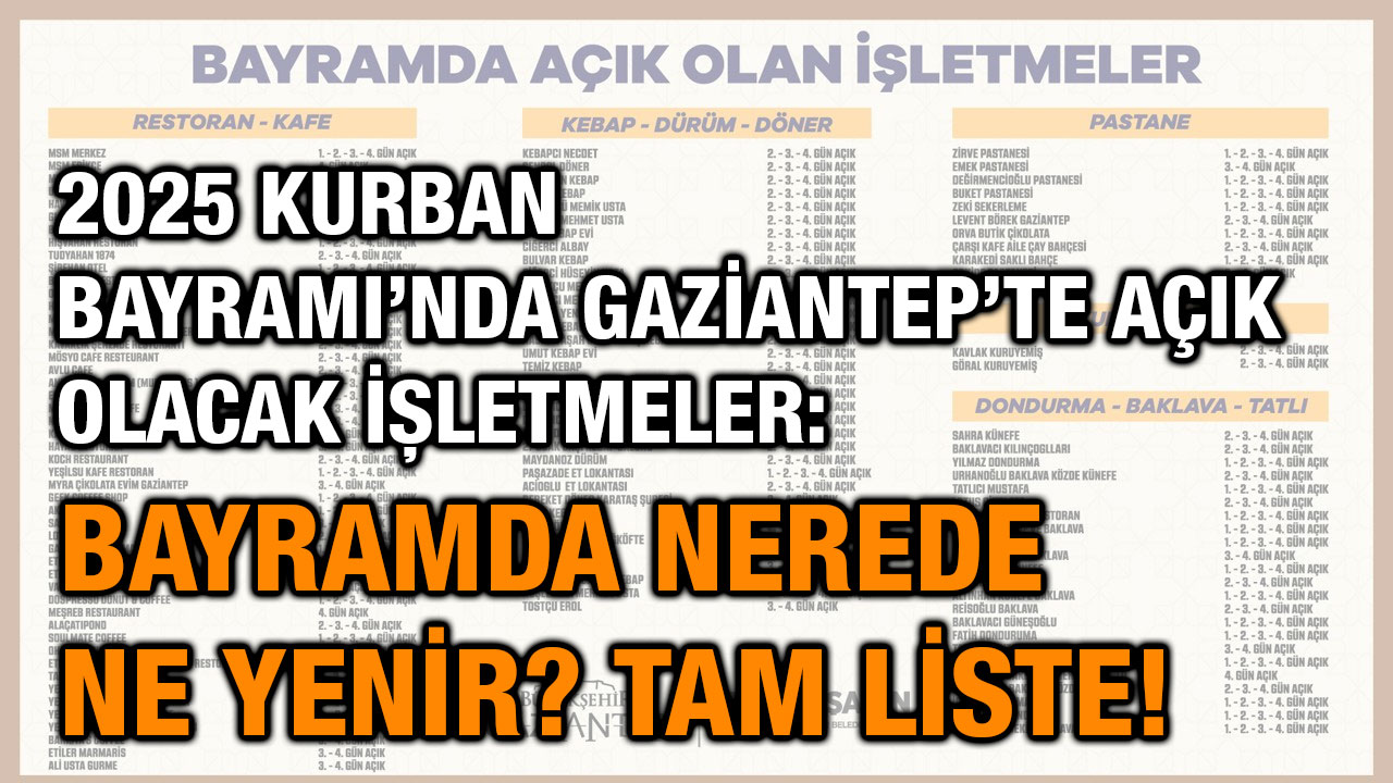 2025 Kurban Bayramı’nda Gaziantep’te Açık Olacak İşletmeler: Bayramda Nerede Ne Yenir? Tam Liste!