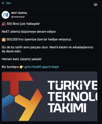 Next Sosyal Üye Sayısı 500 Bine Yaklaşıyor: Özel Hediye Müjdesi Verildi