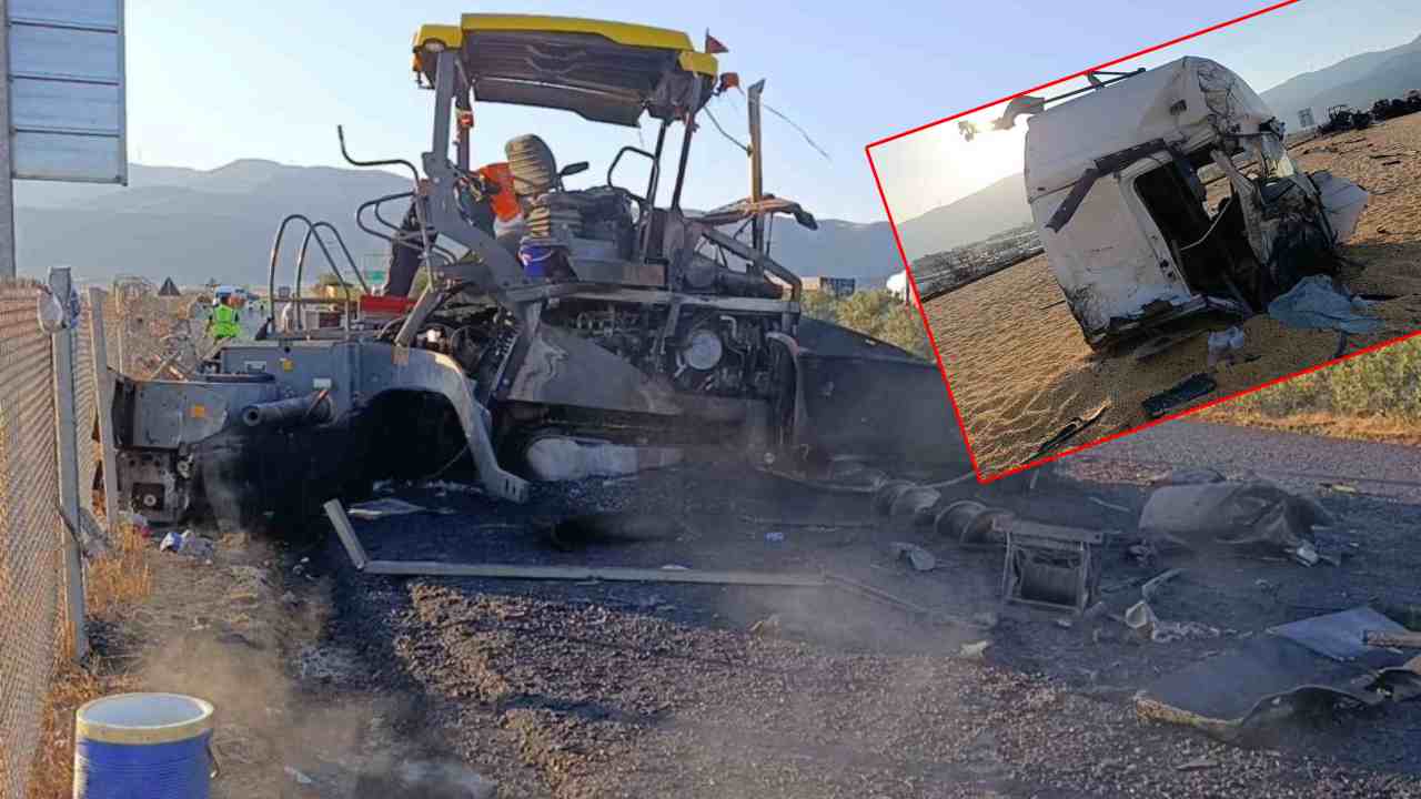 Gaziantep'te freni patlayan mısır yüklü tır asfalt makinasına çarptı