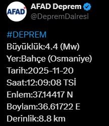 Osmaniye’de 4.4 büyüklüğünde deprem