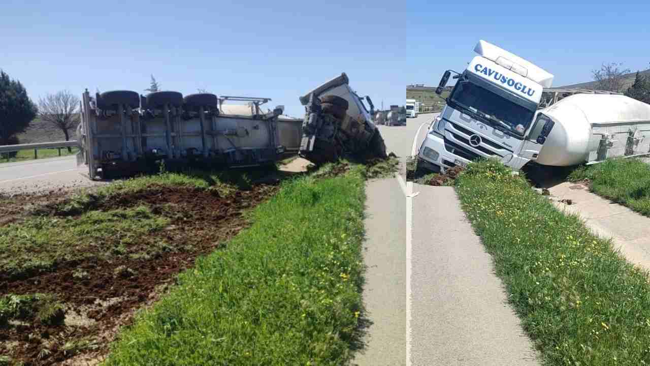 Kilis-Gaziantep karayolunda beton mikseri devrildi