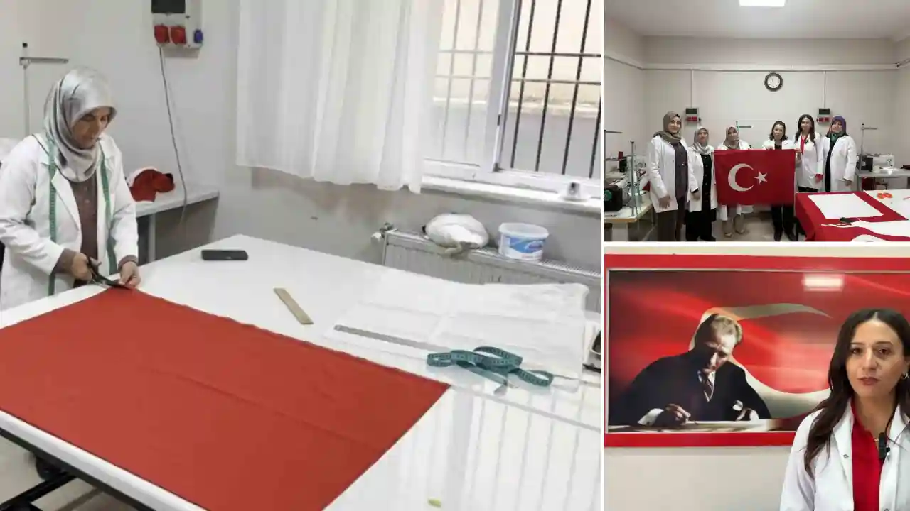 Türk bayrağını kendi elleriyle dikerek milli ve manevi değerleri üretime dönüştürüyorlar