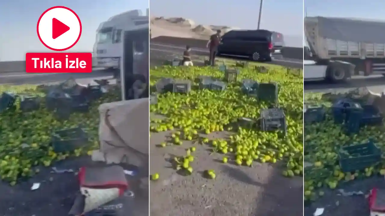 Gaziantep’te kamyon devrildi! Mandalinalar yola saçıldı.
