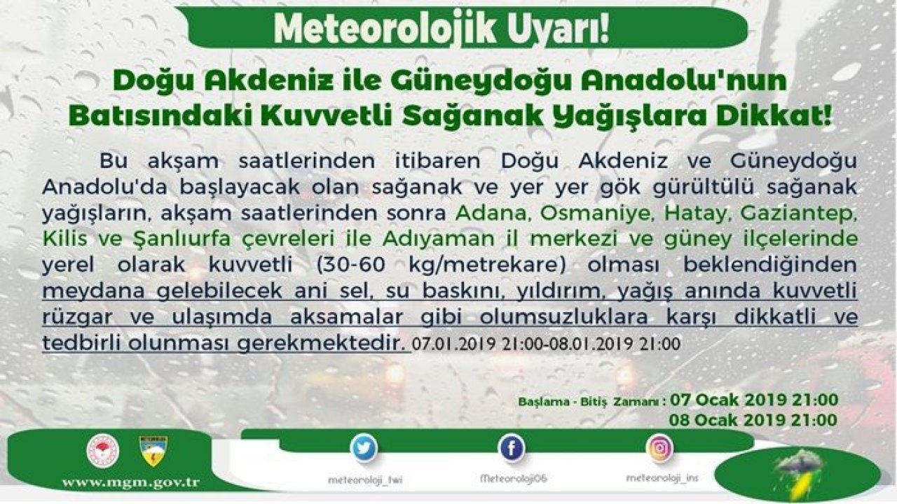 Gaziantep için kuvvetli sağanak uyarısı