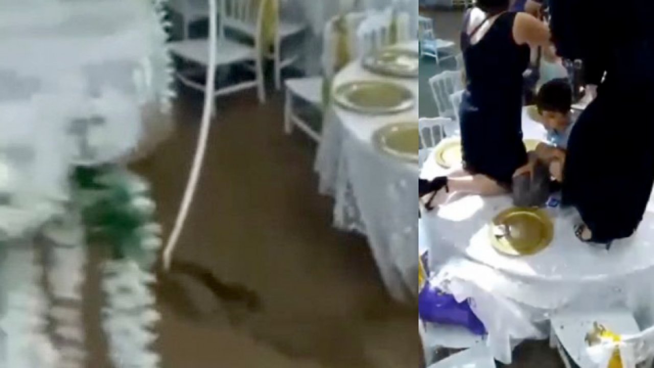 Düğün salonunu sel suları bastı! Davetliler masaların üzerine çıkarak kurtuldular...TIKLA İZLE