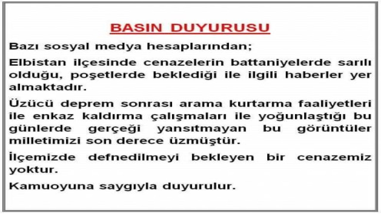 Elbistan Kaymakamlığı: "İlçemizde defnedilmeyi bekleyen bir cenazemiz yoktur"