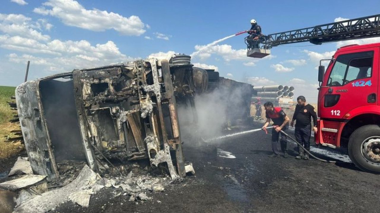 Gaziantep plakalı kereste yüklü tır devrilerek yandı