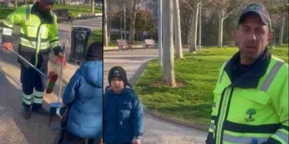 Gaziantep'te küçük oğluyla birlikte çalışan temizlik işçisi duygulandırdı