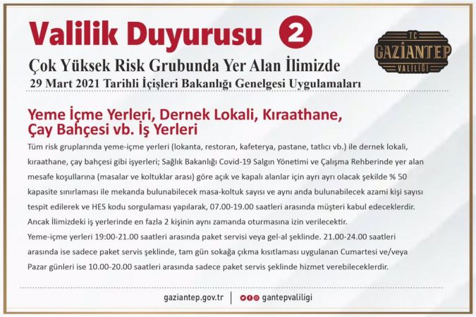 Son Dakika...Gaziantep Valiliği'nden yeni koronavirüs kararı