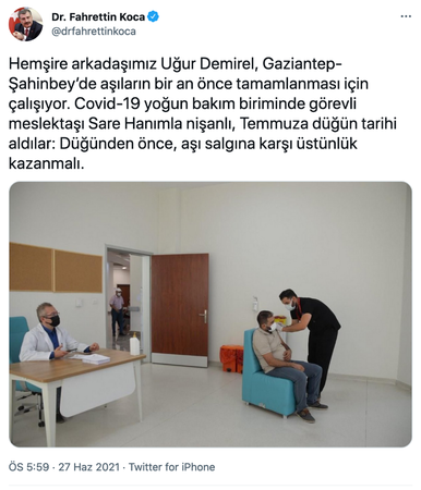 Bakan Koca'nın paylaşımı...Gaziantep'te düğün hazırlığı yapan sağlık çalışanı çifti mutlu etti