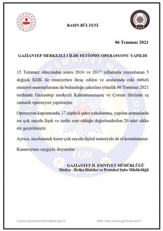 Son Dakika:Gaziantep merkezli 3 ilde FETÖ operasyonu: 17 gözaltı
