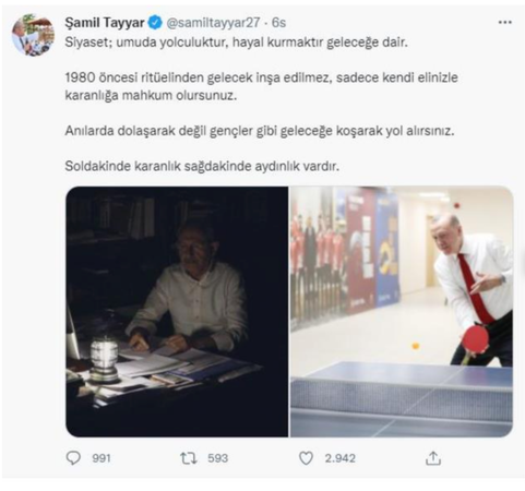 Ak Parti Gaziantep Eski Milletvekili Tayyar'dan Gündeme Düşen Paylaşım! Şamil Tayyar'dan Erdoğan ve Kılıçdaroğlu karşılaştırması: Birinde aydınlık diğerinde karanlık var