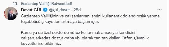 Gaziantep Valisi Davut Gül'den uyarı! Gaziantep Valiliği  adına bile 'GAZİANTEP'te dolandırıcılık yapılıyor! DOLANDIRICILARI'  bildirin paylaşımı
